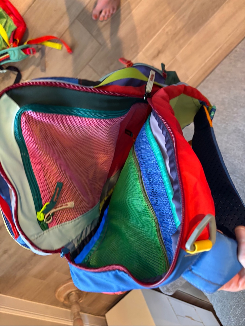 cotopaxi colorblock backpack in green, yellow, blue, purple, red - Picture 4 of 4